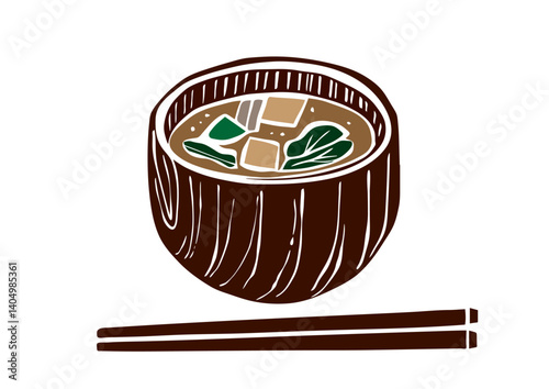 レトロな手描きの味噌汁のイラスト。