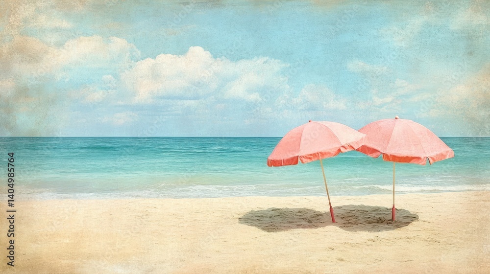 Two pink beach umbrellas on sandy shore under a blue sky. Two pink beach umbrellas on sandy shore under a blue sky.
