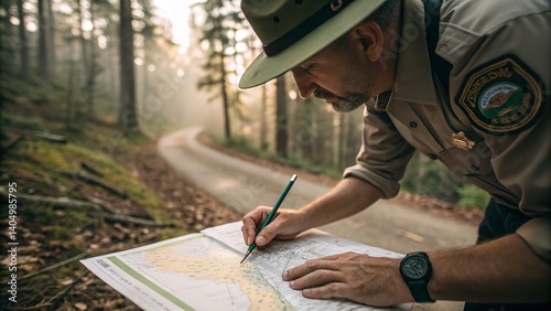 A forest ranger uses a map to navigate a winding road in a misty, green forest environment.