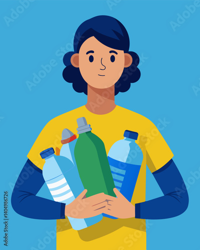 A person holding a reusable water bottle with piles of singleuse plastic bottles in the background.. Vector illustration