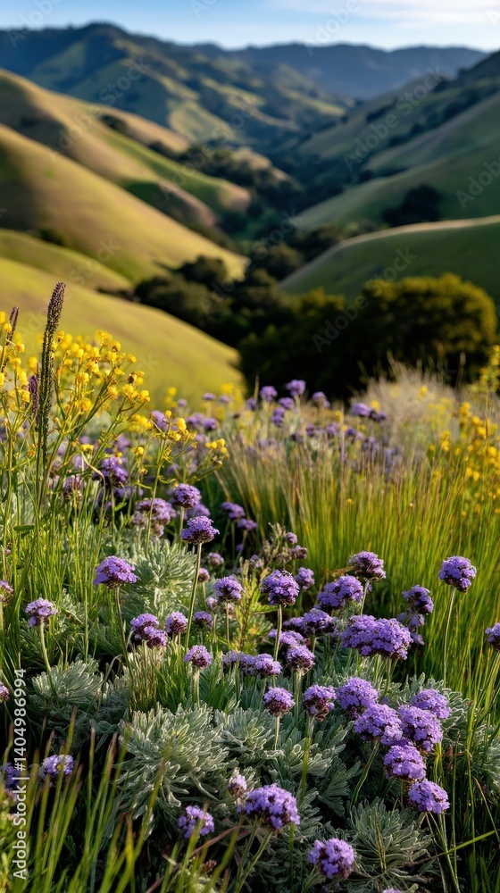 Fototapeta premium Vibrant wildflowers blooming in rolling green hills