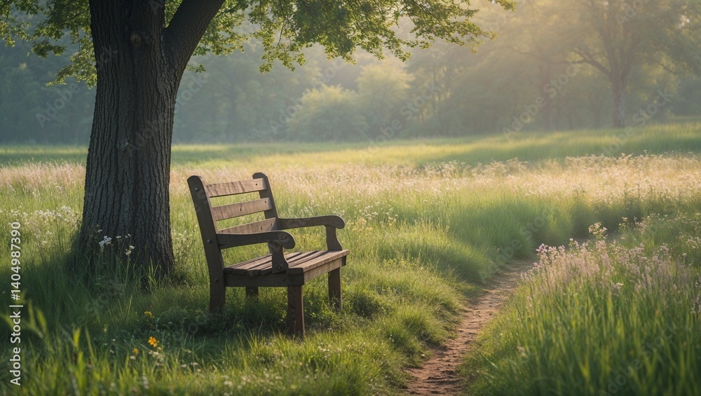 Empty wooden bench under tree, tranquil mood, inviting relaxation, in green park setting Empty wooden bench under tree, tranquil mood, inviting relaxation, in green park setting