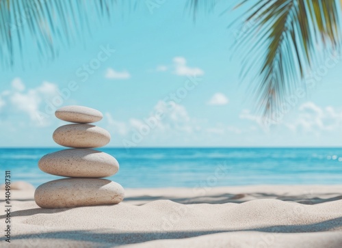 Stacked Stones on Beach with Palm Fronds and Ocean View Serenity