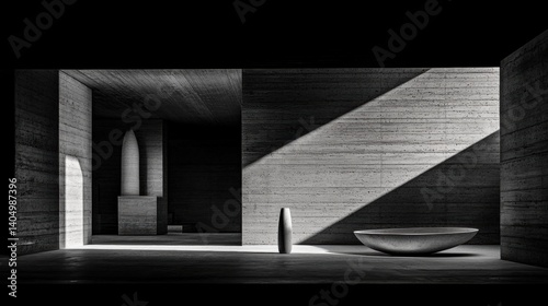 A black and white photograph of a minimalist interior space.
