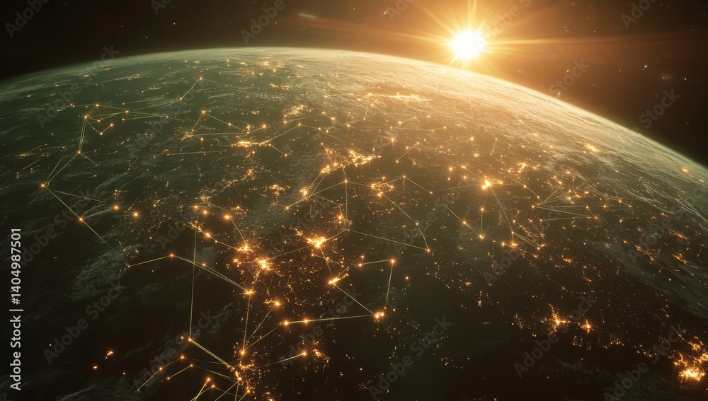 Obraz premium Global Network of Cities Illuminated at Sunrise