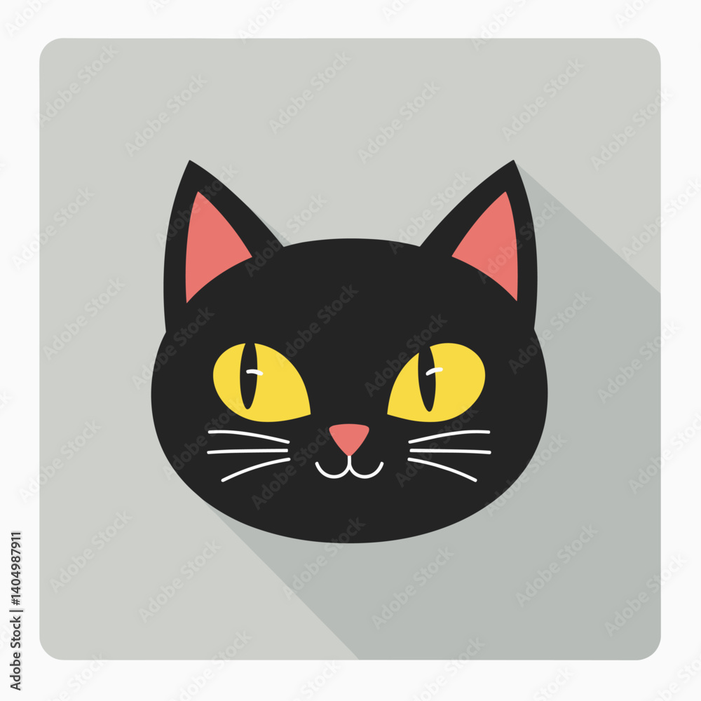 Stylized digital illustration of a black cat's face with bright yellow eyes on a light gray background. Stylized digital illustration of a black cat's face with bright yellow eyes on a light gray background.