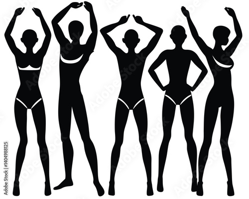 Silhouette of Women in Swimsuits: Fashion Illustration, Body Positivity, Diverse Poses, Black and White Graphic Art, Female Figure Study
