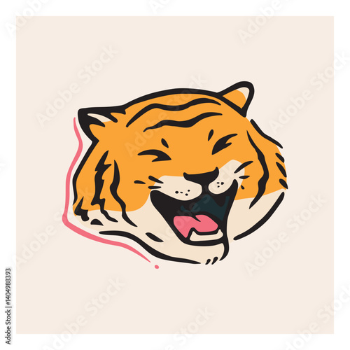 Cute laughing tiger head on light background. Hand drawn vector illustration for t-shirt prints, stickers, cards.
