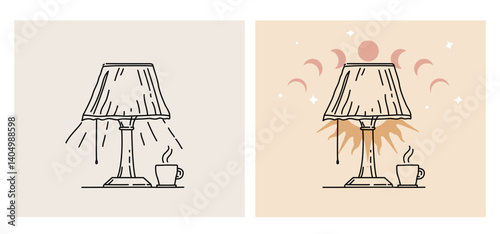 Hand drawn vector abstract graphic. Flat line art of table lamp with lampshade and cup with warm drink. Modern vector celectial illustration with abstract sun, moon for daily planner in mystical style