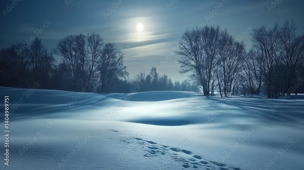 Fototapeta premium Serene Winter Night: Moonlit Snowscape with Silhouetted Trees