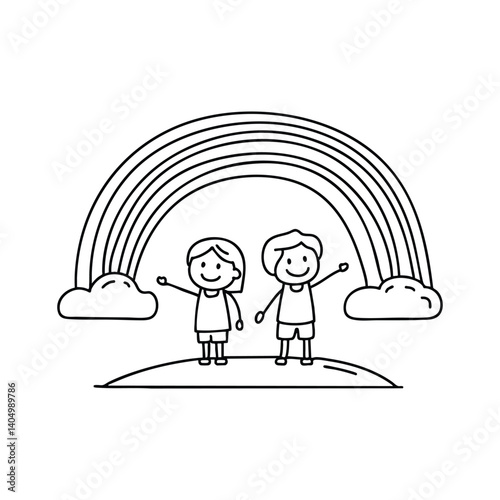 Rainbow arching above a small hill with two children pointing