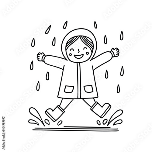 Raincoat on a little one jump and splashing water with rubber boots under the rain