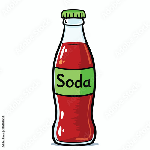 A glass bottle with a green label, filled with a red liquid, capped, and on a plain white background.