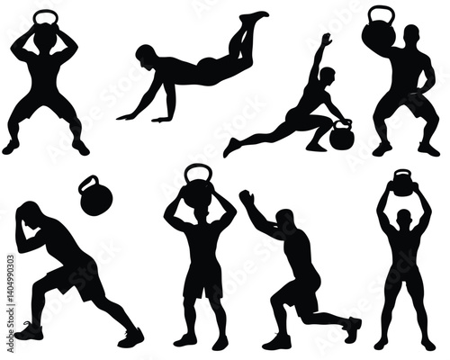 Kettlebell Workout Silhouette Vector: Fitness Training, Exercise, Gym, Weightlifting, Strength Training, Bodybuilding, Sport Illustration