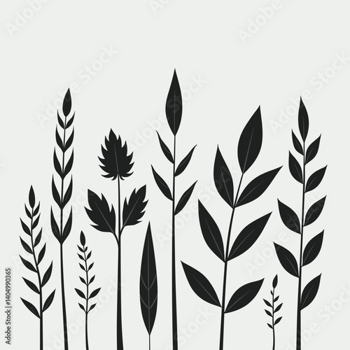 Minimalist botanical illustration showcasing various plant species with stylized dark leaves, simple lines.