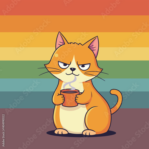 Grumpy orange cat, with white markings, holding a cup of steaming liquid against a retro background.