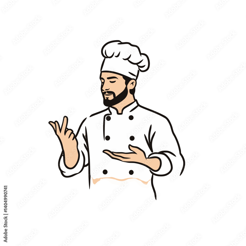 Simple black outline chef cooking in pans icon on white Simple black outline chef cooking in pans icon on white