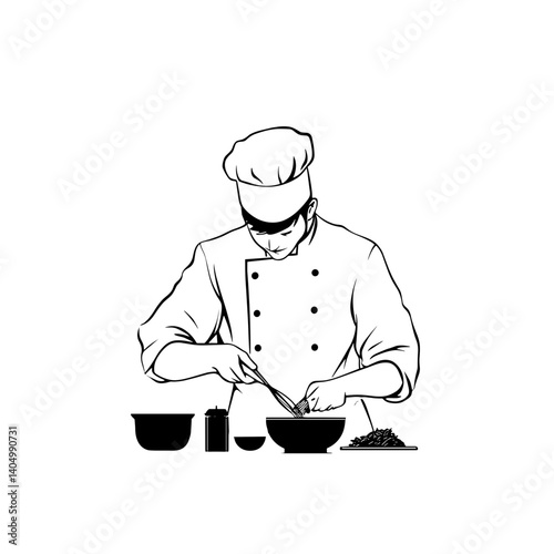 Chef preparing food in black line drawing on white background