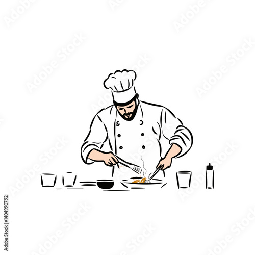Focused chef cooking food in a frying pan