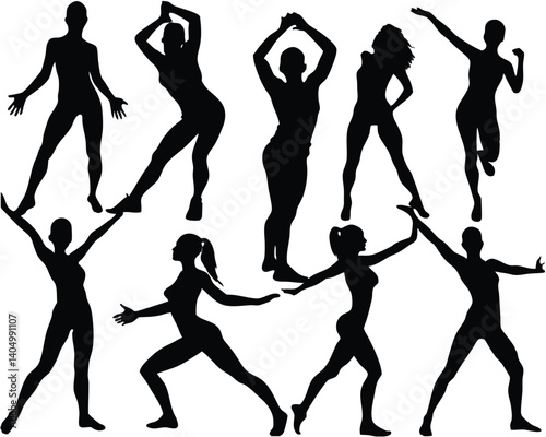 Silhouette Vector Art: Diverse Women Exercising, Fitness Poses, Dance Moves, Active Lifestyle, Gymnastics, Black and White Illustration