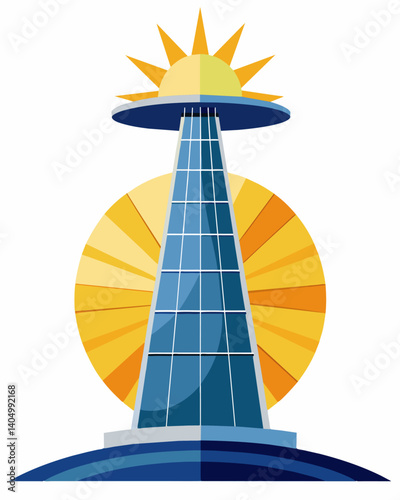 A towering solar tower its reflective panels capturing the suns rays and concentrating them to produce electricity.. Vector illustration