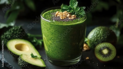 Green smoothie in glass with fruit and toppings. Dark setting