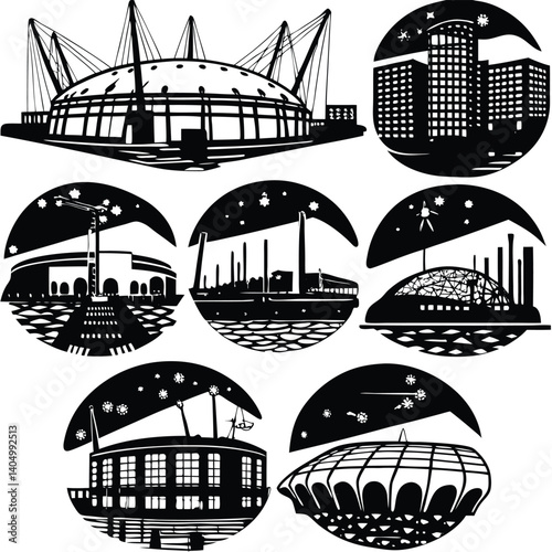Black and White Vector Icons: Architecture, Buildings, Cityscapes, and Landmarks in Circular Designs for Graphic Design Projects