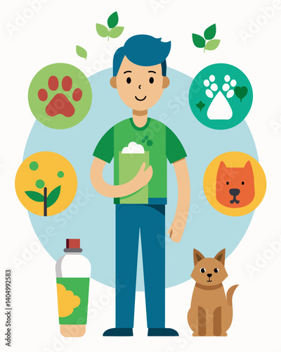 A pet owner chooses to use biodegradable and nontoxic pet products considering the impact on the environment.. Vector illustration