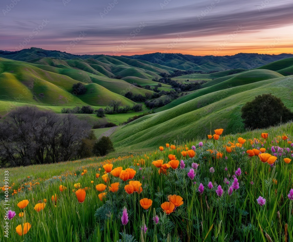 Fototapeta premium Rolling hills covered in vibrant wildflowers at dusk