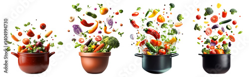 Colorful Fresh Vegetables and Herbs Exploding from Cooking Pots, Isolated on Transparent Background