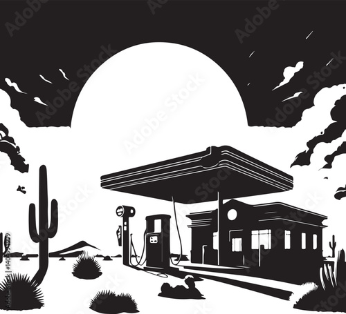 vector old gas station in the middle of the desert