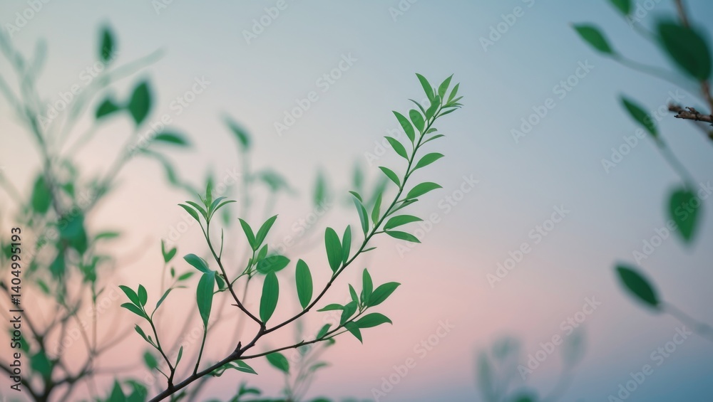 Fresh Growth: Delicate green leaves sprout from a tree branch beneath a gentle pastel sky, symbolizing renewal and optimism Fresh Growth: Delicate green leaves sprout from a tree branch beneath a gentle pastel sky, symbolizing renewal and optimism