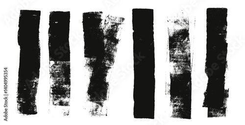 Straight thick grunge underlines. Linocut rolled brush stroke set. Handmade ink rectangle rough stamp. Vector black paint lines photocopy shapes. Dry marker or brayer smear textures. Distressed grange