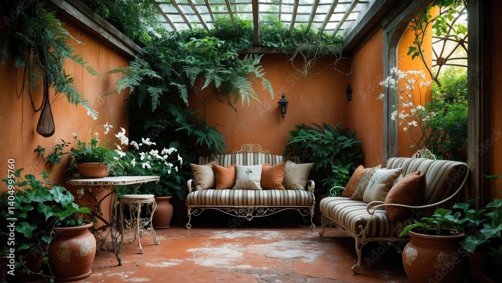 Obraz premium Veranda Interior with Vintage Wooden Furniture and Green Plants