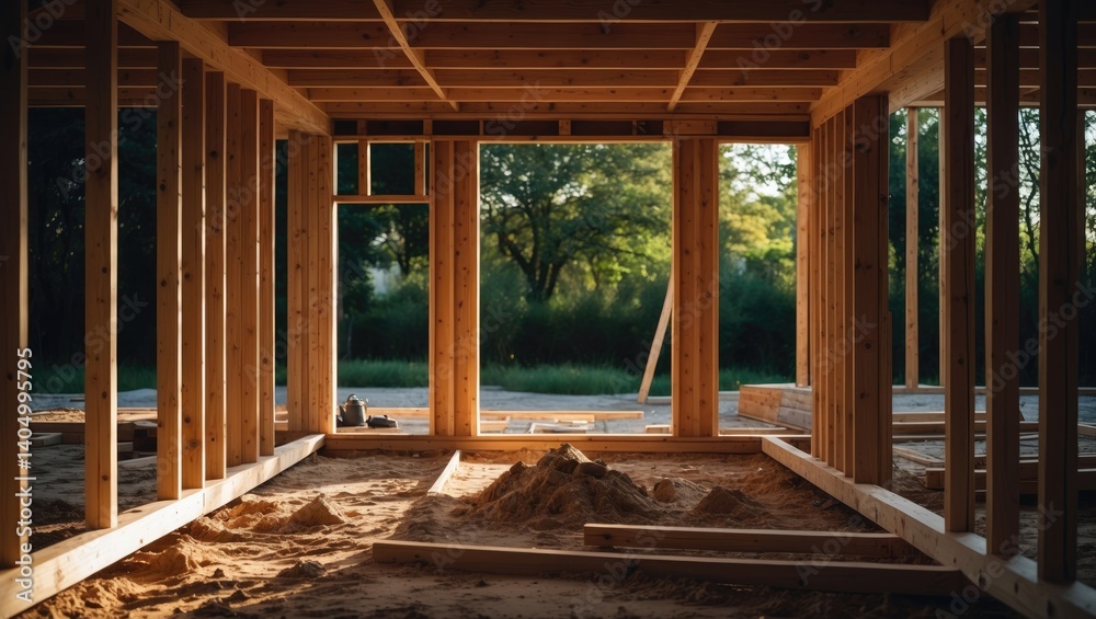 Framework of a newly built wooden house during construction Framework of a newly built wooden house during construction