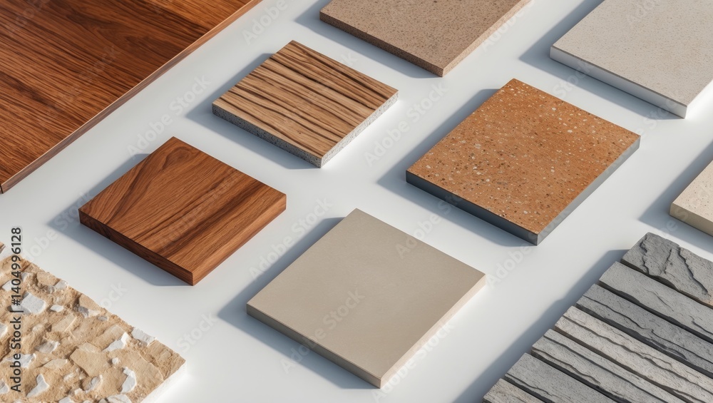 Fototapeta premium Interior material board featuring samples isolated on a white background with a clipping path.