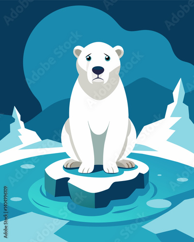 A poster featuring a sadlooking polar bear surrounded by melting icebergs urging people to take action against climate change.. Vector illustration