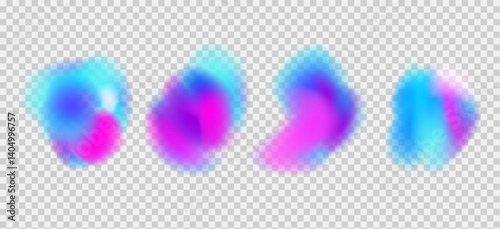 Irregular fluid gradient shapes set. Vector bold organic liquid splashes. Glow bright blobs with translucent forms. Uneven modern y2k figures. Colorful fluorescent blobs with gradation.