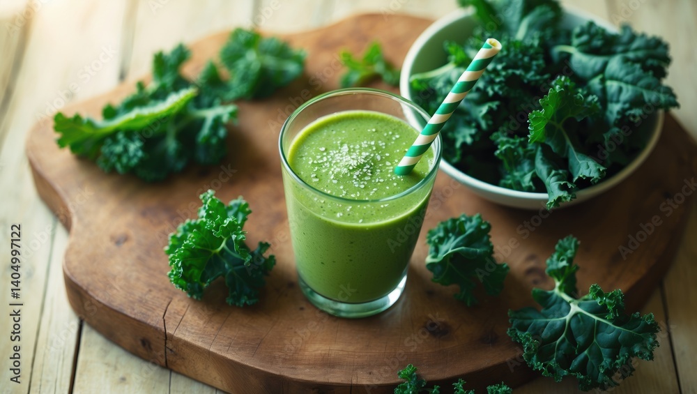 Kale smoothie served in a glass against a backdrop. Kale smoothie served in a glass against a backdrop.