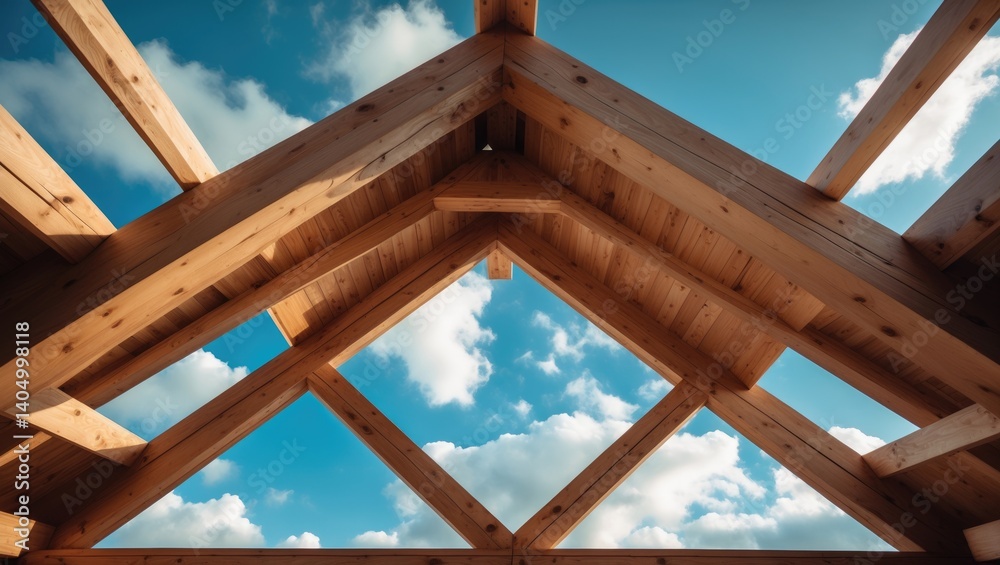 Obraz premium New timber truss framework featuring beams and wooden roofing