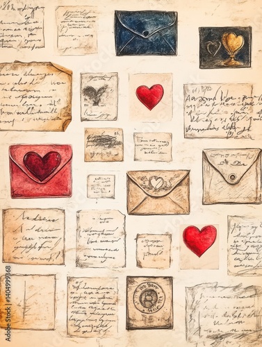 Vintage love letters and envelopes with heart designs on aged paper