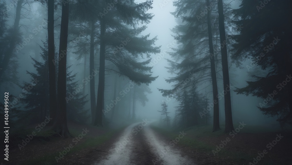 Fototapeta premium This image showcases the enchanting allure of a woodland path vanishing into a dense layer of mist.