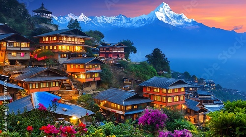 Vibrant mountain village illuminated at dusk.