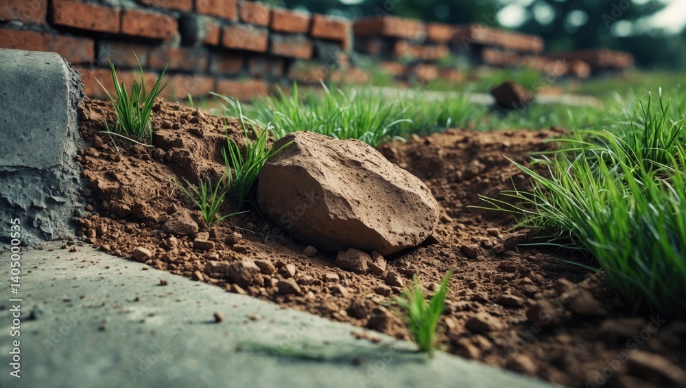 Fototapeta premium Land drenched during the rainy season with brick formations acting as barriers.
