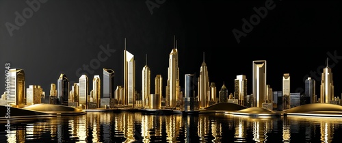 gold futuristic cityscapes on black plain background for wide banner design