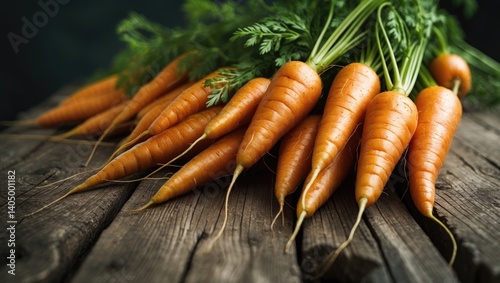 Newly gathered carrots are artfully arranged on a rustic wood table, enhanced by the bright greens that signify their roots. An homage to the charm of seasonal crops.