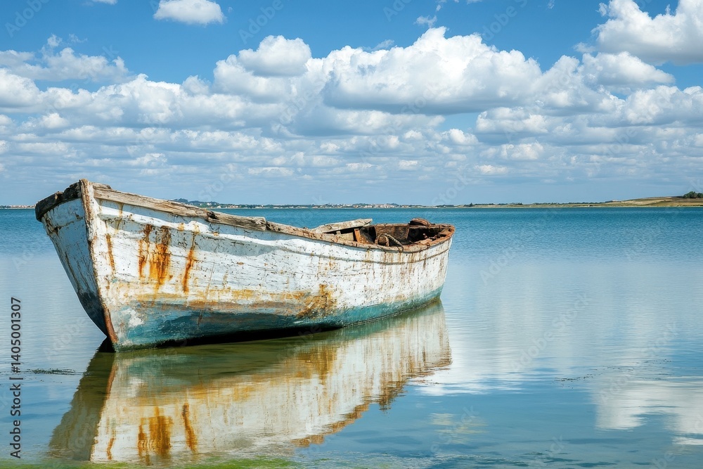 Old weathered boat on tranquil lake Old weathered boat on tranquil lake