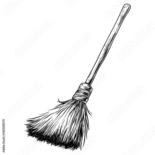 Broom, cleaning tool, vector, transparent background, black and white style