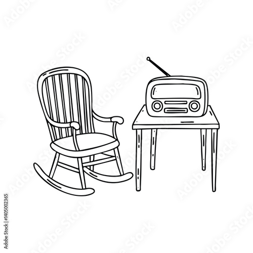 Rocker chair beside an old radio on a wooden table