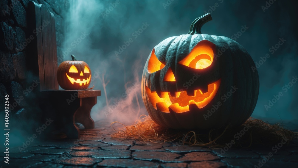 Naklejka premium On the left side of a wooden product display, a spooky glowing carved lantern stands against a dark stone wall lit from overhead.